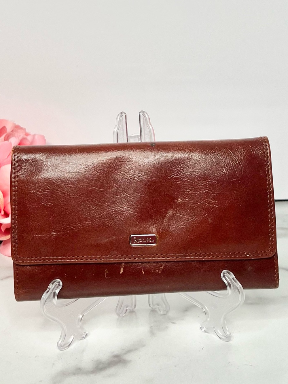 ROLF’S VINTAGE COGNAC LEATHER CHECKBOOK WALLET KISS LOCK COIN PURSE ORGANIZER